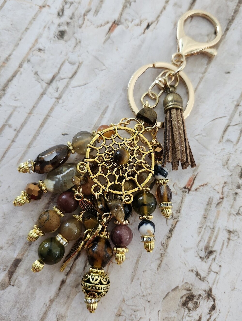 Dreamcatcher Boho Purse Charm or Keychain Rhodonite Dragon Agate Handcrafted